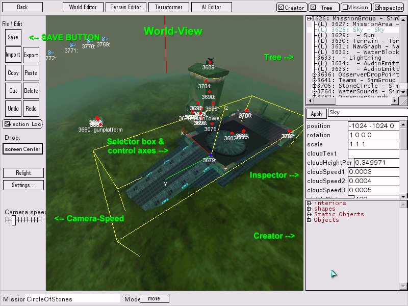 The Tribes 2 mission editor, showing the world view with the Tree, Inspector and Creator panels